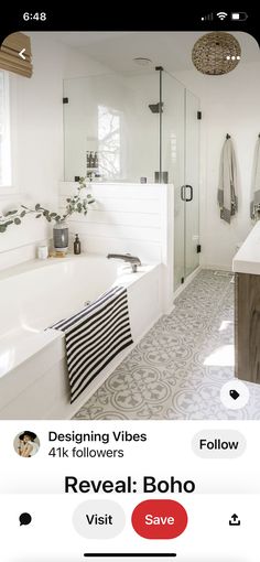 the bathroom is decorated in white and black