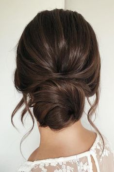 Updo Loose Curls Low Buns, Bridal Hair Updo How To, Wedding Updo Brunette Classy, Loose Wedding Bun Hair, Low Pinned Hair Wedding Updo, Bridal Hair For Dark Hair, Bridal Low Bun Dark Hair, Low Piecey Bun, Dark Hair Formal Hairstyles