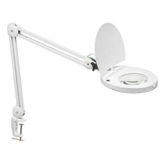 a white wall mounted lamp with a light on it's arm and one arm extended to the ceiling