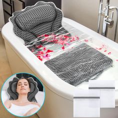 a woman laying down in a bathtub with her head on the back of it