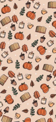 an orange and brown fall themed background with books, leaves, and acorns