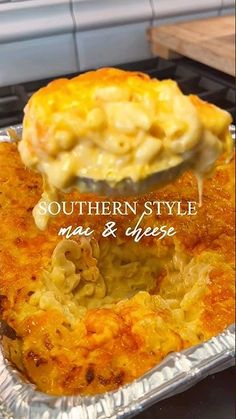 the southern style macaroni and cheese casserole is ready to be eaten