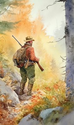 Laminated card with rounded corners. Size: 2.5” x 4.25” A man hunting in the woods. SP100 Hunting Cards For Men, Vintage Hunting Decor, Mountain Men, Cowboy Artwork, Hunting Painting, Mountain Man Rendezvous, Masculine Art, Hunting Pictures, Art Transportation