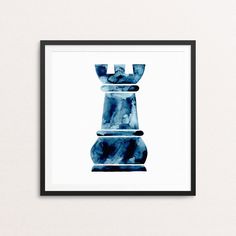 a watercolor painting of a blue chess piece on a white wall with black frame