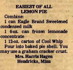 an old recipe with instructions for making lemon pie