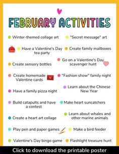 a printable valentine's day activity for kids with the text, february activities