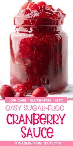 cranberry sauce in a jar with text overlay that reads easy sugar - free cranberry sauce