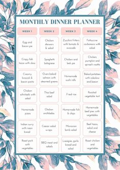 a printable dinner planner with leaves on the side and words in pink, blue and green