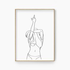 a black and white line drawing of a woman holding her hand up in the air