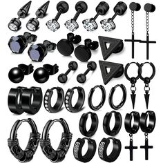 PRICES MAY VARY. Improved Packaging: You get 17 pairs of black earrings for men all stored nice and neat in a dope keepsake box. Breakdown is 8 pairs of diff styled studs - some even got that icy CZ bling. Also included are 6 pairs of circle hoops and 3 pairs of dangle hoops that swing. Premium Material: Crafted from premium surgical stainless steel. Meaning no irritating nickel or lead if your ears act up. Smooth polished surface feels buttery fresh in those piercings too. Perfect if cheap meta Black Mens Double Ear Piercing, Mens Black Cross Earrings, Earrings For Young Boys, Black Mens Earrings Hoop, Stud Earrings Men Stainless Steel, Gothic Earrings For Men, Exotic Earrings For Men, Trendy Earrings For Men, Colby Brock Earrings