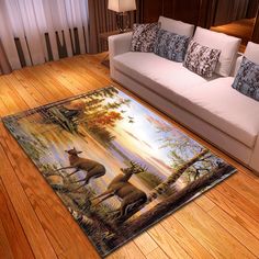 a living room area rug with an image of two deer in the woods on it