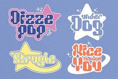 four different types of stickers on a blue background, each with the word's name