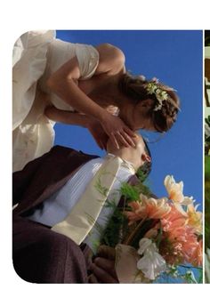 two pictures one with a bride and the other with flowers