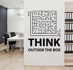 think outside the box wall decal in an office with black and white graphics on it