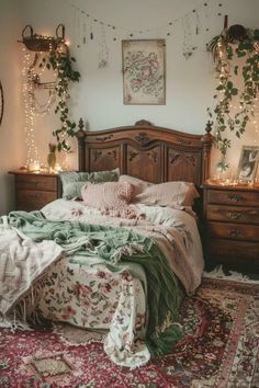 a bed room with a neatly made bed and lots of plants on the headboard