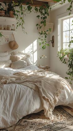 an unmade bed with plants hanging on the wall and in front of it is a window