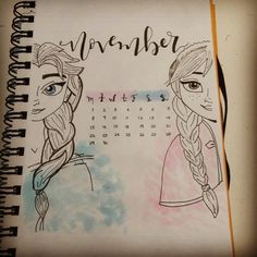 a drawing of two girls with braids on their heads and the words november written in black ink