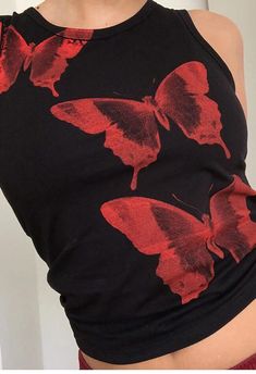 Black Butterfly Print Crop Tank Top Slim Tank Top, Butterfly Fashion, Black Crop Top Tank, Aesthetic Women, Top Streetwear, Crop Tank Top, Vest Fashion, Online Tops, Butterfly Print