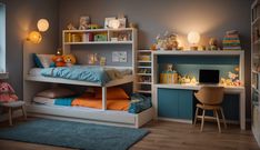 a child's bedroom with bunk beds, desk and bookshelf