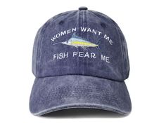 PRICES MAY VARY. Find Your Style: Women want me, Fish Fear Me - Show your pride with this stylish Swordfish fisherman dad hat. Features a funny saying 'Women want me, Fish Fear Me' and blue Marlin embroidered on front of the navy blue baseball cap. This one's really special thanks to the intricate embroidery detail and the washed out vintage feel. Perfect to wear out on the boat, at the lake, or just around the house. Trendy Fishing Hat! Features: Made of premium washed cotton pigment dyed , thi Funny Baseball Hats, Funny Baseball Hat, Fish Fear Me, Fish Hat, Blue Baseball Cap, Fishing Cap, Fishing Hats, Xmas Wishlist, Door Hook