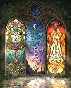 three stained glass windows with flowers and trees in them, one is reflecting the sky