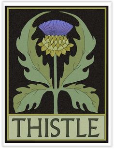 the thistle logo is shown on a black background with yellow and green flowers in it