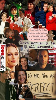 collage of people and words from the tv series love actually is all around us