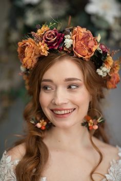 Orange Boho Flower Crown Fall Hair Accessories Autumn Flower - Etsy Wedding Cottagecore, Boho Fall Wedding, Bohemian Flower Crown, Autumn Hair Accessories, Rustic Bride, Rose Flower Crown, Boho Flower Crown, Wedding Hair Wreath, Hair Crown