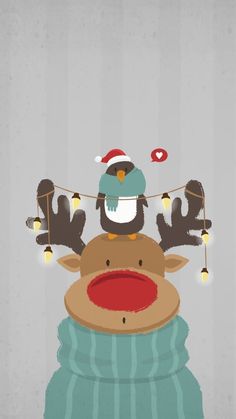 a bird sitting on top of a reindeer's head with christmas lights hanging from its antlers