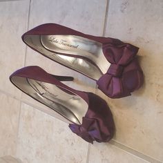 These Shoes Are Super Sexy And Sweet! Excellent Brand New Condition! Purple Satin Heels, Dark Purple Heels, Elegant Purple 4-inch Heels, Deep Purple High Heels, Purple Peep Toe Heels, Purple 4-inch Heel Synthetic Heels, Purple Bows, Dress First, Shoe Brands