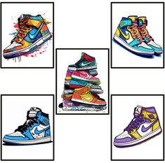 four pairs of shoes with different colors and designs on the top one is blue, yellow, red, green, purple, white