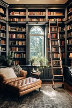 a living room filled with lots of book shelves and a ladder in the middle of it