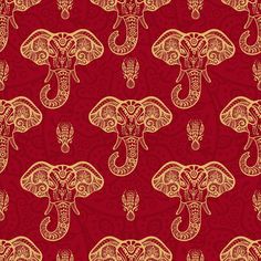 red and gold elephant wallpaper with intricate designs on the front, in an ornate pattern