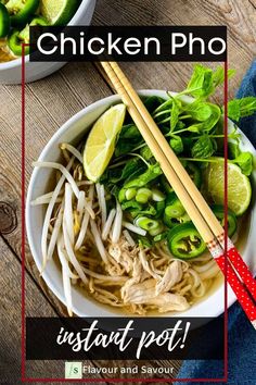 two bowls filled with noodles and vegetables next to chopsticks on a wooden table