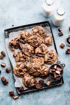 chocolate chip cookies and milk on a tray