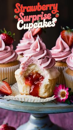 Fluffy Vanilla Cupcakes, Surprise Cupcakes, Fluffy Vanilla Cake, Strawberry Cream Cheese Frosting, Strawberry Buttercream, Filled Cupcakes, Pink Frosting, Freeze Dried Strawberries, Cupcakes Recipe