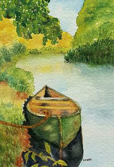 a painting of a boat in the water by some grass and trees with green leaves