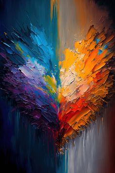 an abstract painting with bright colors on the bottom half of it, and dark background