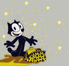 a black cat sitting on top of a yellow suitcase with stars in the sky behind it