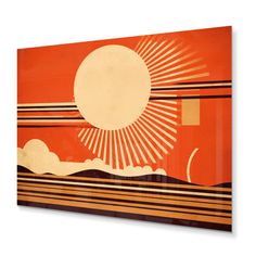 an orange and black painting with the sun above it