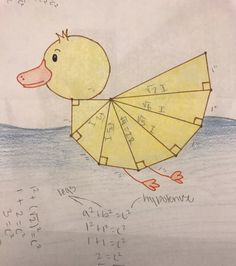 a child's drawing of a duck holding a fan in the water with words written on it