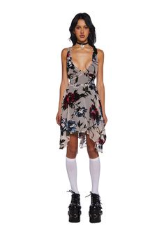 Current Mood Floral Print Handkerchief Hem Mini Dress - Off White – Dolls Kill Hankerchief Dress, 90s Platform Shoes, Lace Up Leggings, Grunge Dress, New Dresses, Plunge Neckline, Mesh Overlay, Handkerchief Hem, Current Mood