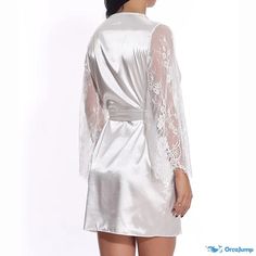 OrcaJump - Lace kimono long-sleeved erotic lingerie silk satin robe pajamas loungewear bathrobe Satin Sleepwear With Kimono Sleeves For Wedding Night, White Long Sleeve Party Robe, Satin Finish Long Sleeve Sleepwear For Night, White Satin Long Sleeve Nightgown, White Satin Night Robe, Long Sleeve Satin Sleepwear, Long Satin Sleepwear For Wedding Night, Long Sleeve Satin Finish Robe For Wedding Night, Spring Party Sleepwear With Long Sleeves