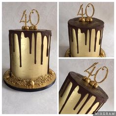 three photos of a cake with chocolate and gold icing on it, including the number forty