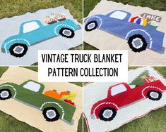 vintage truck blanket pattern collection with four different pictures and text overlays to describe