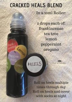 Cracked heel blend- I would use a carrier oil. Jojoba is my choice because it doesn't stain like almond and coconut do. I Vitamin E drops might be a good addition too. Essential Oil Roller Bottle Recipes, Essential Oil Beauty, Doterra Essential Oils Recipes, Young Living Essential Oils Recipes, Essential Oil Roller Bottle, Essential Oil Diffuser Recipes