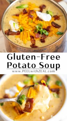 two pictures with different types of food in them and the text gluten - free potato soup