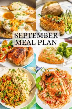 a collage of different meals with the words, september meal plan on top and bottom