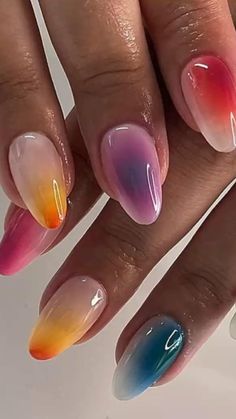 Unique Green Nails, Aura Color Nails, Colorful Aura Nails, Gen Z Nails, Aura Nails Tutorial, Energy Nails, Subtle Pride Nails, Eyeshadow Nails, Kutek Disney