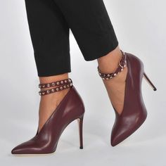 4 inch Heels Maroon Pointy Toe Stiletto Heel Studded Ankle Strap Pumps for Work, Night club, Date, Anniversary, Going out | FSJ #fashionable #ltkstyletip #fashionista #casualoutfit #outfitdetails #fashionblog #styleblogger #andotherstories #fallfashion #autumnstyle #autumnfashion2018 #ootd #fashionblogger #fallstyle #fallfashion2018 #autumnfashion #streetstyle #styleinspo #instastyle #ootdmagazine #whatiwore #fashionblogger #stylehunter Pumps For Work, Pencil Heels, Custom Boots, Jimmy Choo Heels, Hot Heels, Ankle Strap Pumps, Pointed Toe Shoes, Heels Pumps, Jimmy Choo Shoes